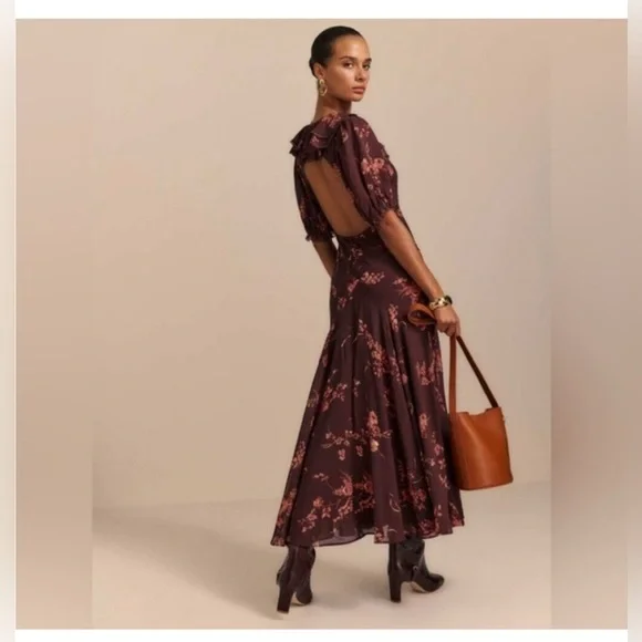 New Reformation Women Brown Long Floral Shorts Sleeve Dress 4 - Picture 4 of 13